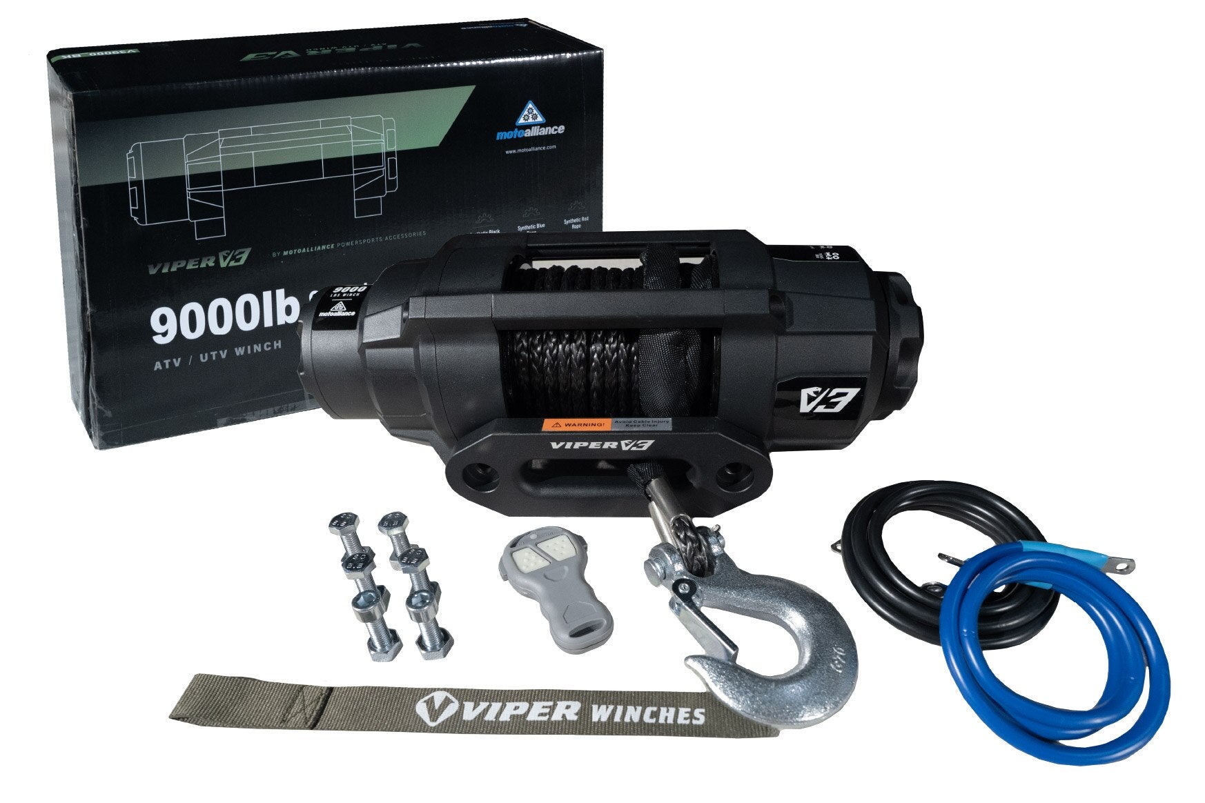 MOTOALLIANCE® Viper V3 9000lb UTV/ATV Military Grade Winch with 40 feet Black Synthetic Rope